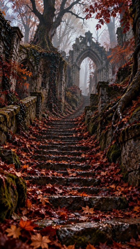 Stone staircase covered in fallen autumn leaves leads up to a ruined gothic archway surrounded by mossy stone walls and autumn trees.