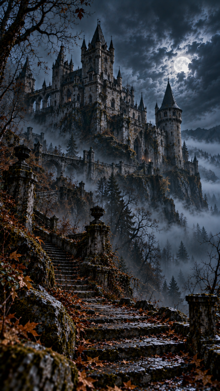 Mystical Gothic Castle on Foggy Hill Under Full Moon (Free AI Image)