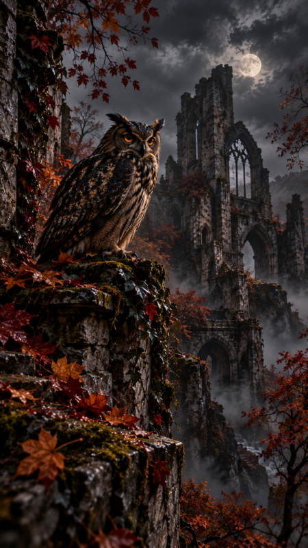 A majestic owl sits on moss-covered ancient stone ruins with autumn leaves, under a cloudy night sky and full moon.