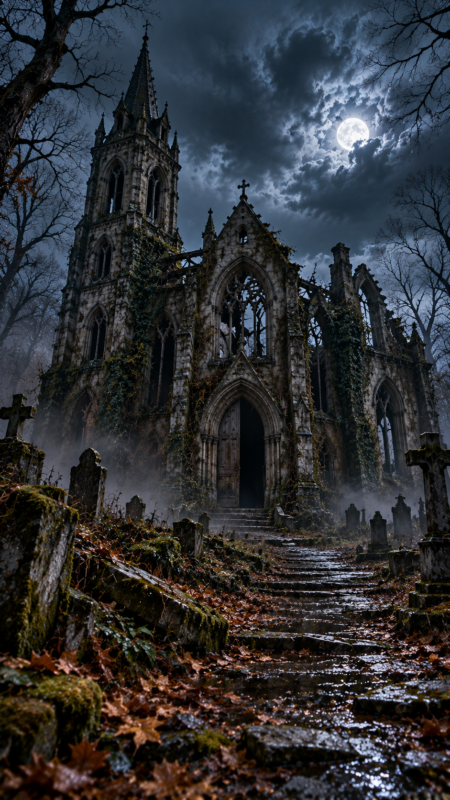 Ancient gothic church ruins enveloped in ivy with a full moon shining through cloudy night sky and foggy graveyard around