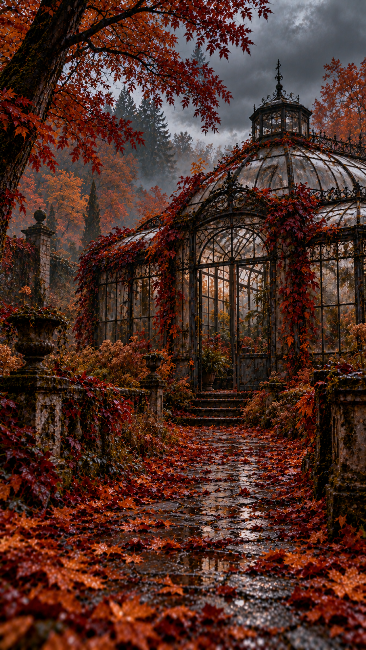 Ornate iron and glass greenhouse covered in vibrant red and orange autumn leaves amidst a misty forest landscape