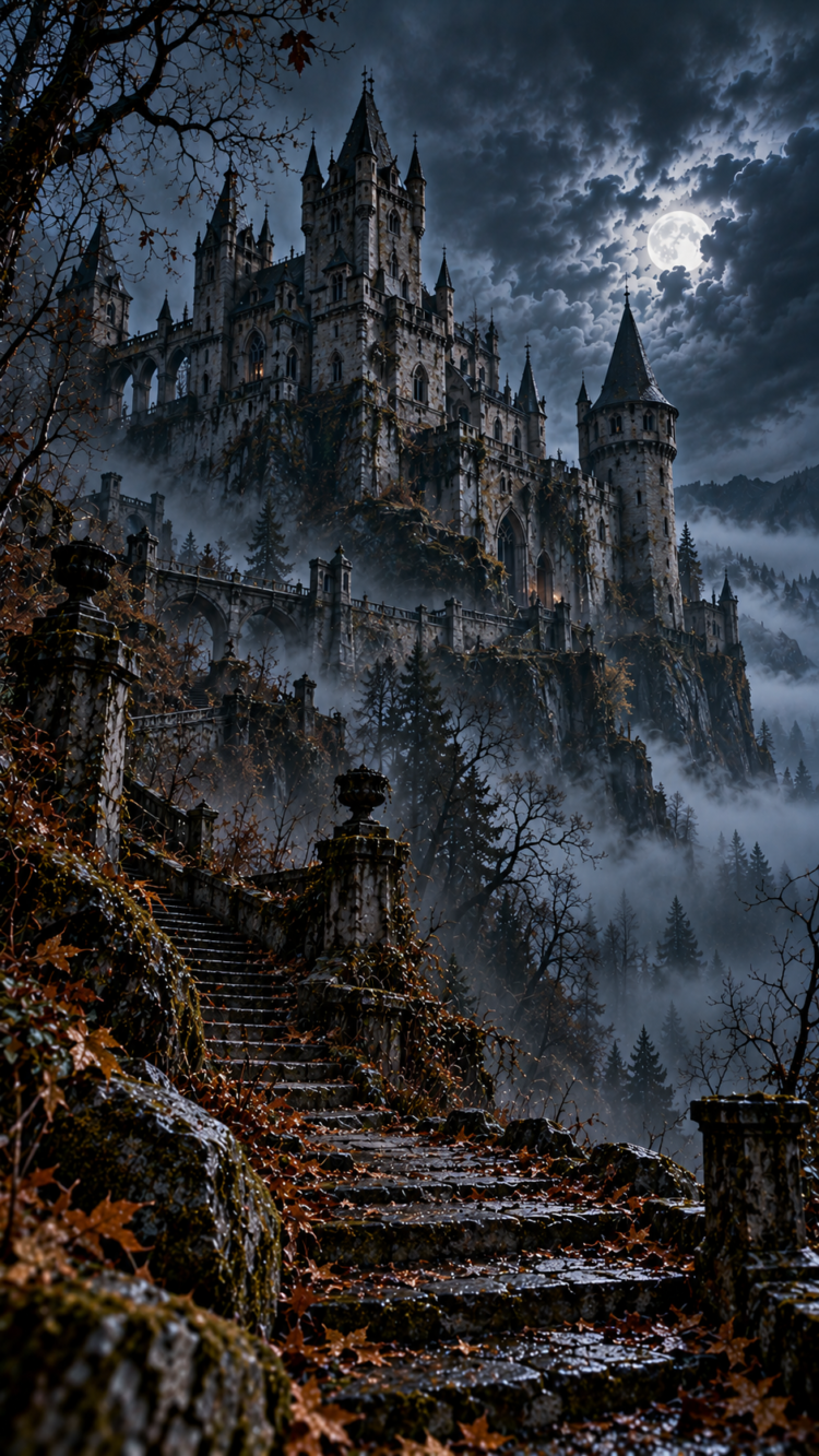 Gothic stone castle perched on a foggy hill with ornate towers, surrounded by autumn leaves and bare trees under a bright full moon night
