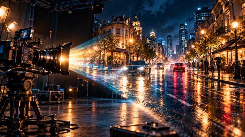 High-end film camera shooting a vibrant nighttime city street scene with wet reflections and illuminated buildings