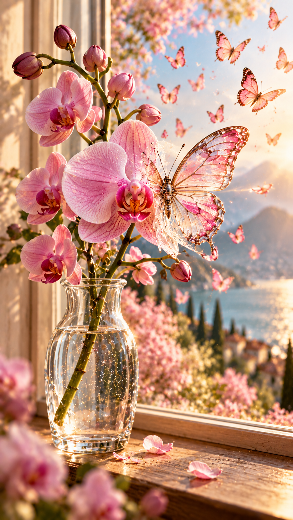 Delicate pink orchids in a glass vase sit on a wooden windowsill with butterflies fluttering around, overlooking a scenic mountain lake view.