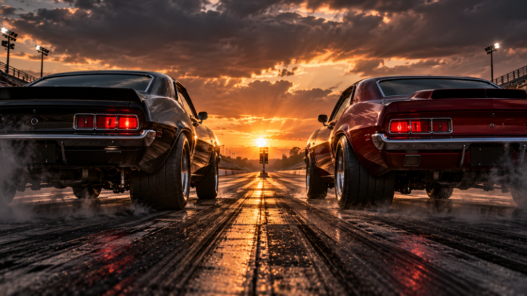 Two classic muscle cars parked on a drag strip at sunset with vibrant clouds and reflective wet track surface