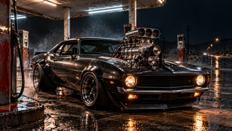 Black classic muscle car with a supercharged engine parked under the pumps of a dimly lit gas station at night with wet pavement reflections
