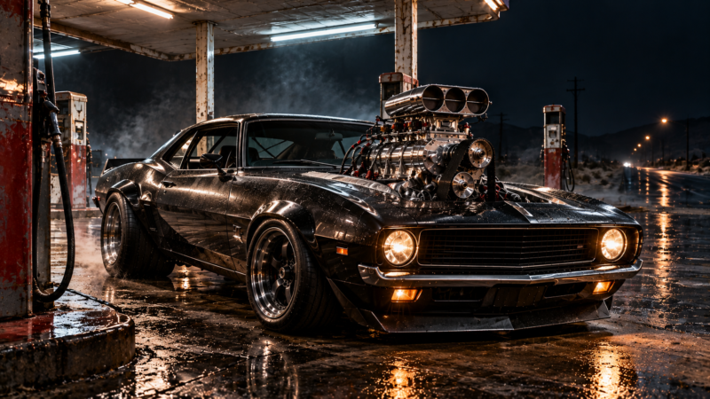 Black classic muscle car with a supercharged engine parked under the pumps of a dimly lit gas station at night with wet pavement reflections