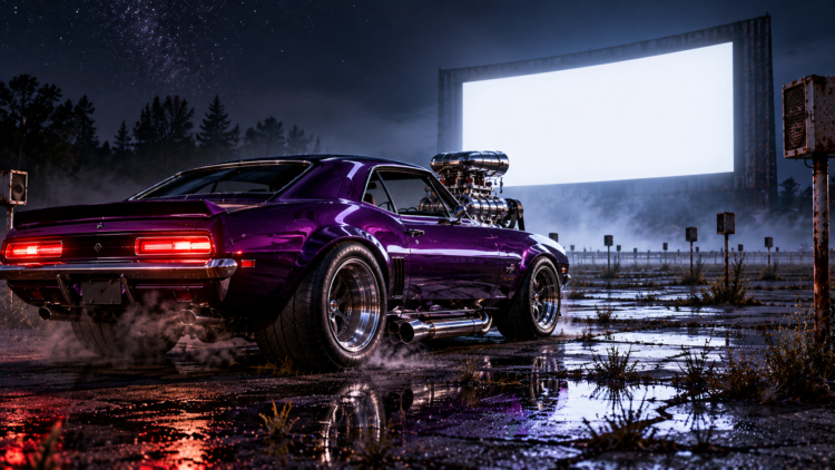 Classic purple muscle car with powerful engine parked at an empty vintage drive-in theater under a starry night sky