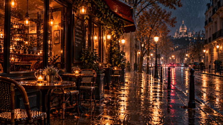 Warmly lit Parisian cafe on a rainy evening with wet cobblestone street and distant illuminated basilica