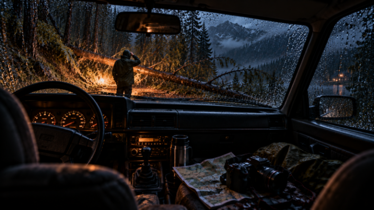 View from inside a vehicle through rain-covered windshield showing a person inspecting a large fallen tree blocking a mountain road at dusk with forest and misty peaks in background