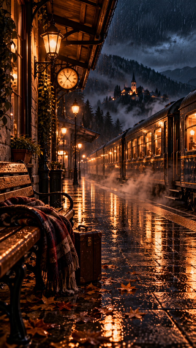 A cozy mountain train station at night with glowing lamps, a vintage clock, wet reflective pavement, autumn leaves, and a steam train along the platform