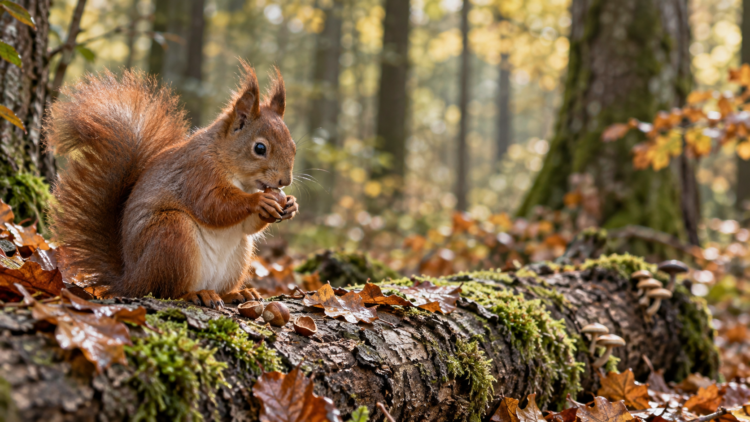 A red squirrel with a bushy tail eating nuts on a moss-covered fallen tree in a sunlit autumn forest
