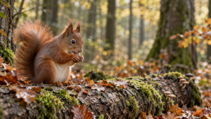 A red squirrel with a bushy tail eating nuts on a moss-covered fallen tree in a sunlit autumn forest