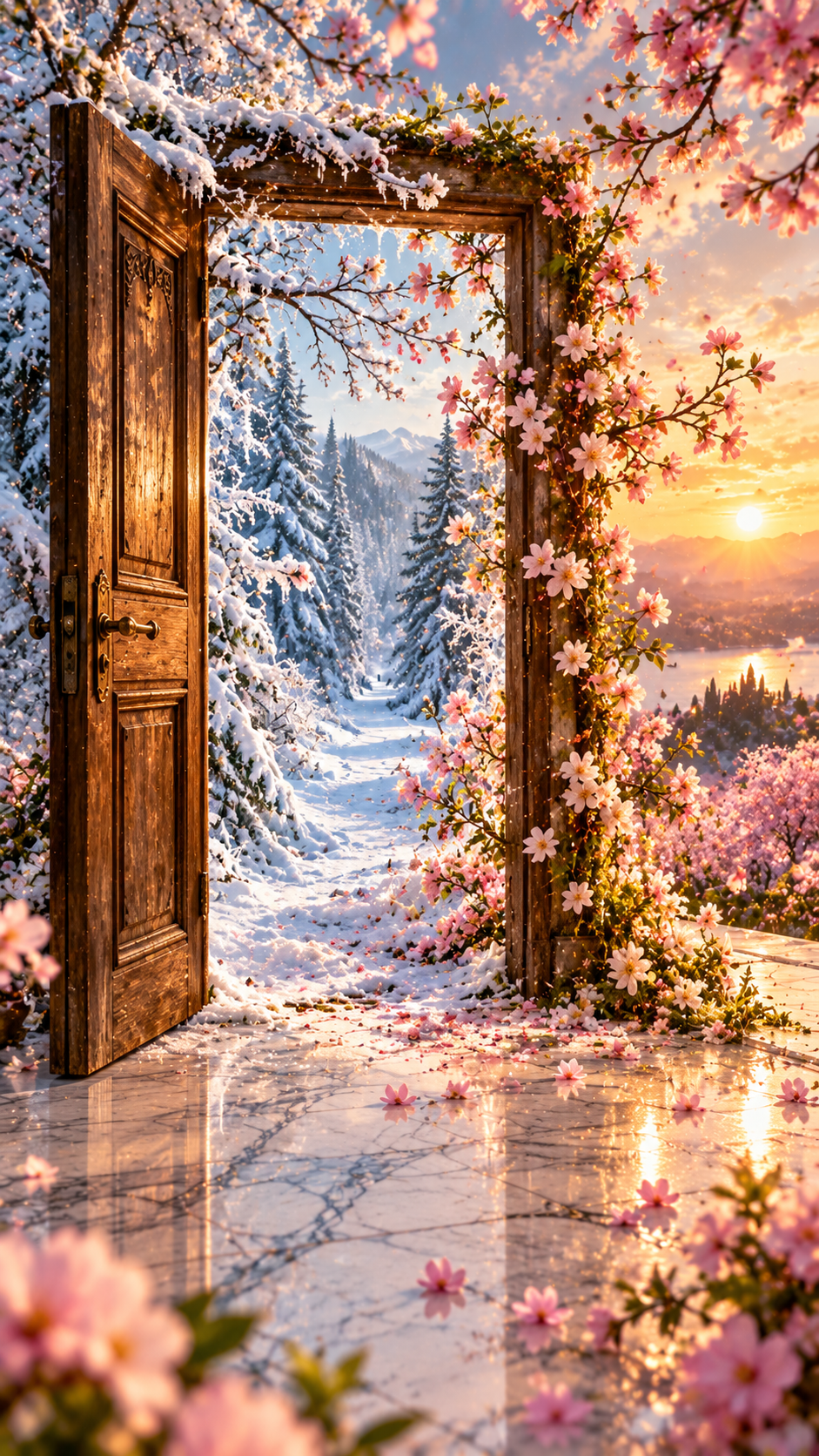 An open wooden door surrounded by blooming pink flowers frames a snowy forest path with tall pine trees under a golden sunset sky.