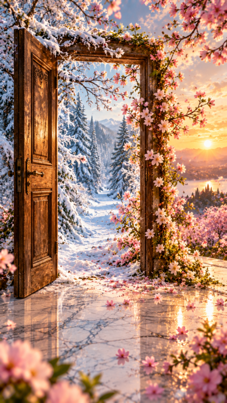 An open wooden door surrounded by blooming pink flowers frames a snowy forest path with tall pine trees under a golden sunset sky.