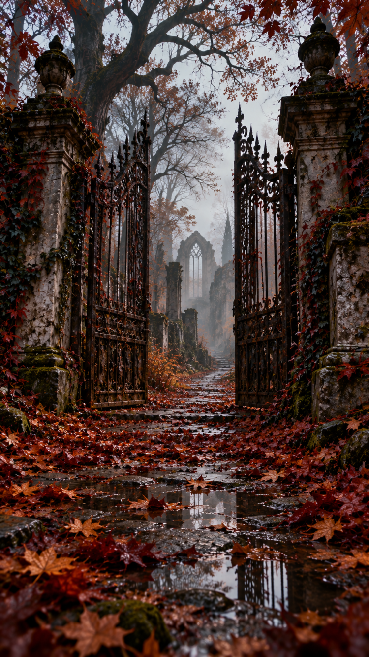 Open ornate wrought iron gates leading to an ancient stone pathway covered in autumn leaves and framed by bare trees and weathered ruins