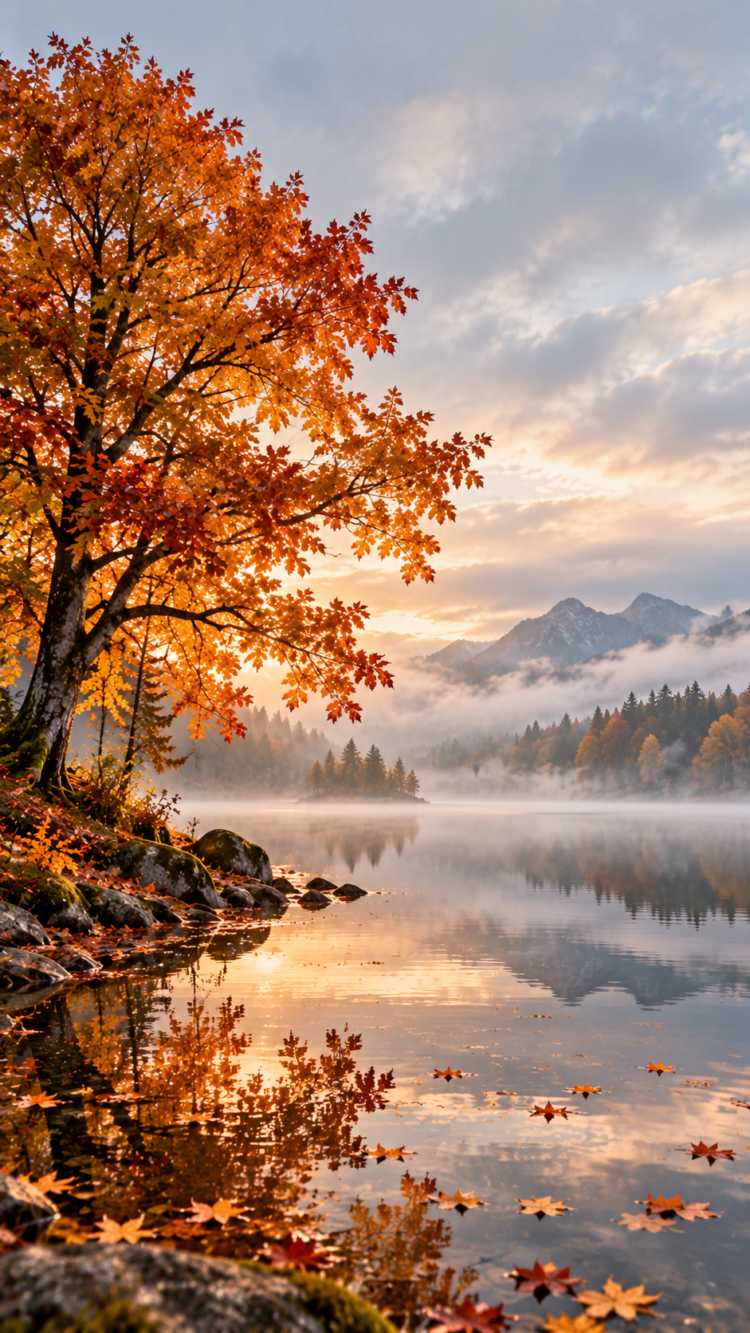 A tranquil lake in autumn dawn with orange maple leaves on a tree and water reflecting the colorful sky and misty mountains