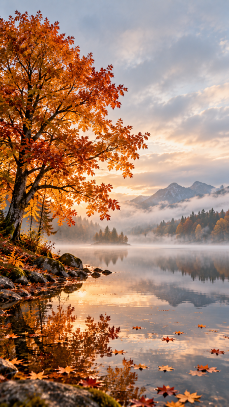 A tranquil lake in autumn dawn with orange maple leaves on a tree and water reflecting the colorful sky and misty mountains