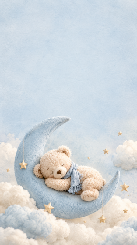 A plush teddy bear wearing a blue scarf sleeps peacefully on a soft crescent moon surrounded by fluffy clouds and floating stars.