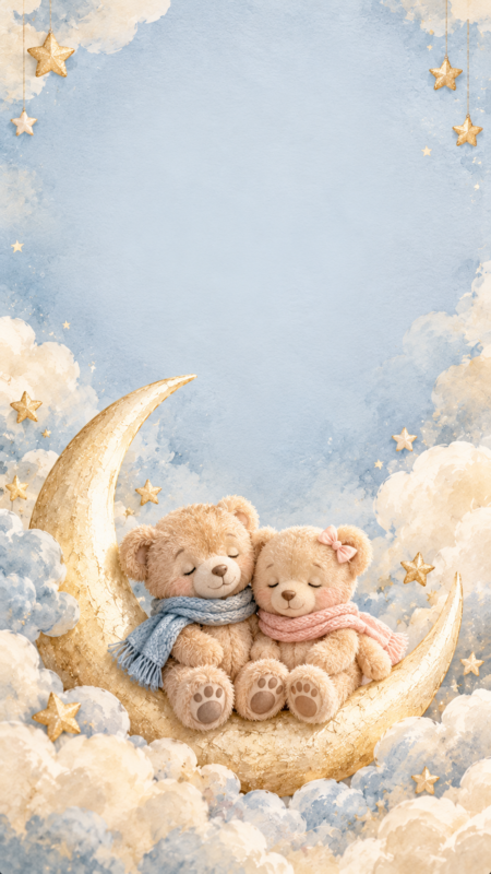 Two sleeping teddy bears sitting on a crescent moon surrounded by clouds and golden stars in a pastel sky