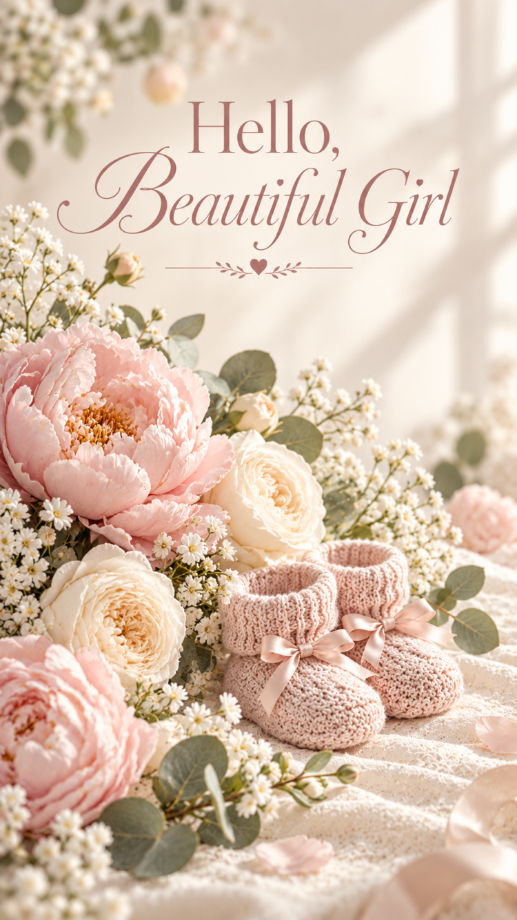Delicate pink and white floral arrangement with knitted baby booties, soft lighting, and elegant message saying Hello, Beautiful Girl