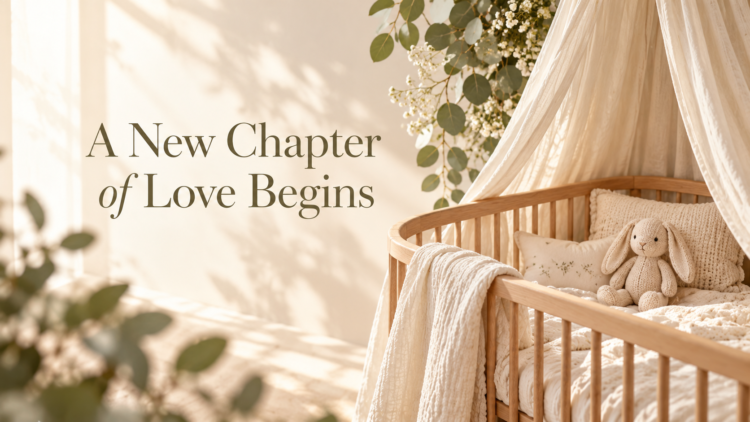 Cozy wooden baby crib with knitted bunny toy, pillows, and draped fabric surrounded by plants and soft sunlight