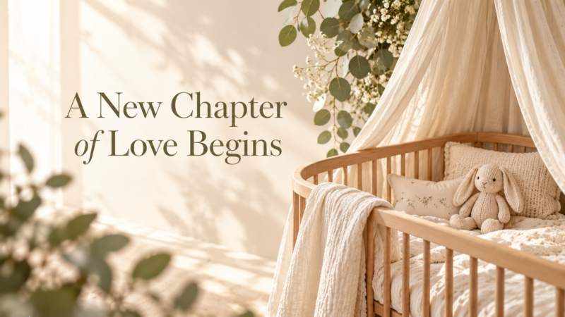 Cozy wooden baby crib with knitted bunny toy, pillows, and draped fabric surrounded by plants and soft sunlight