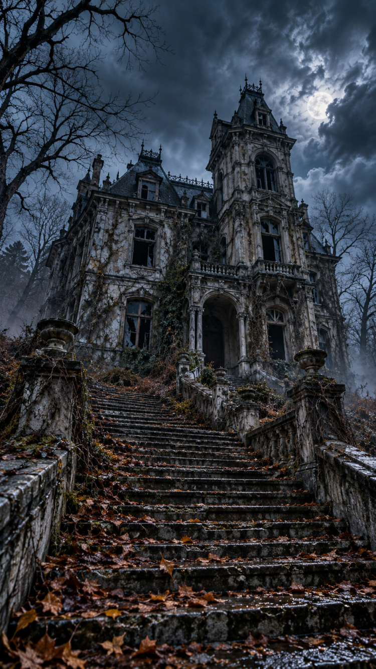 A haunting Victorian mansion with gothic architecture, ivy-covered walls, and broken windows under a cloudy night sky with a full moon