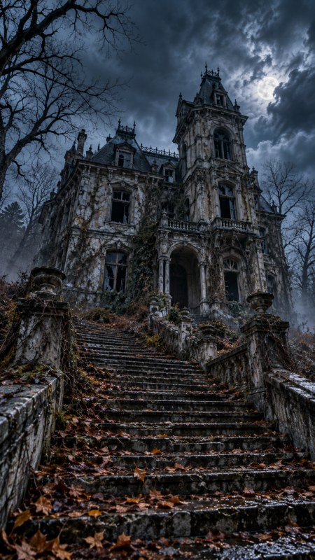 A haunting Victorian mansion with gothic architecture, ivy-covered walls, and broken windows under a cloudy night sky with a full moon