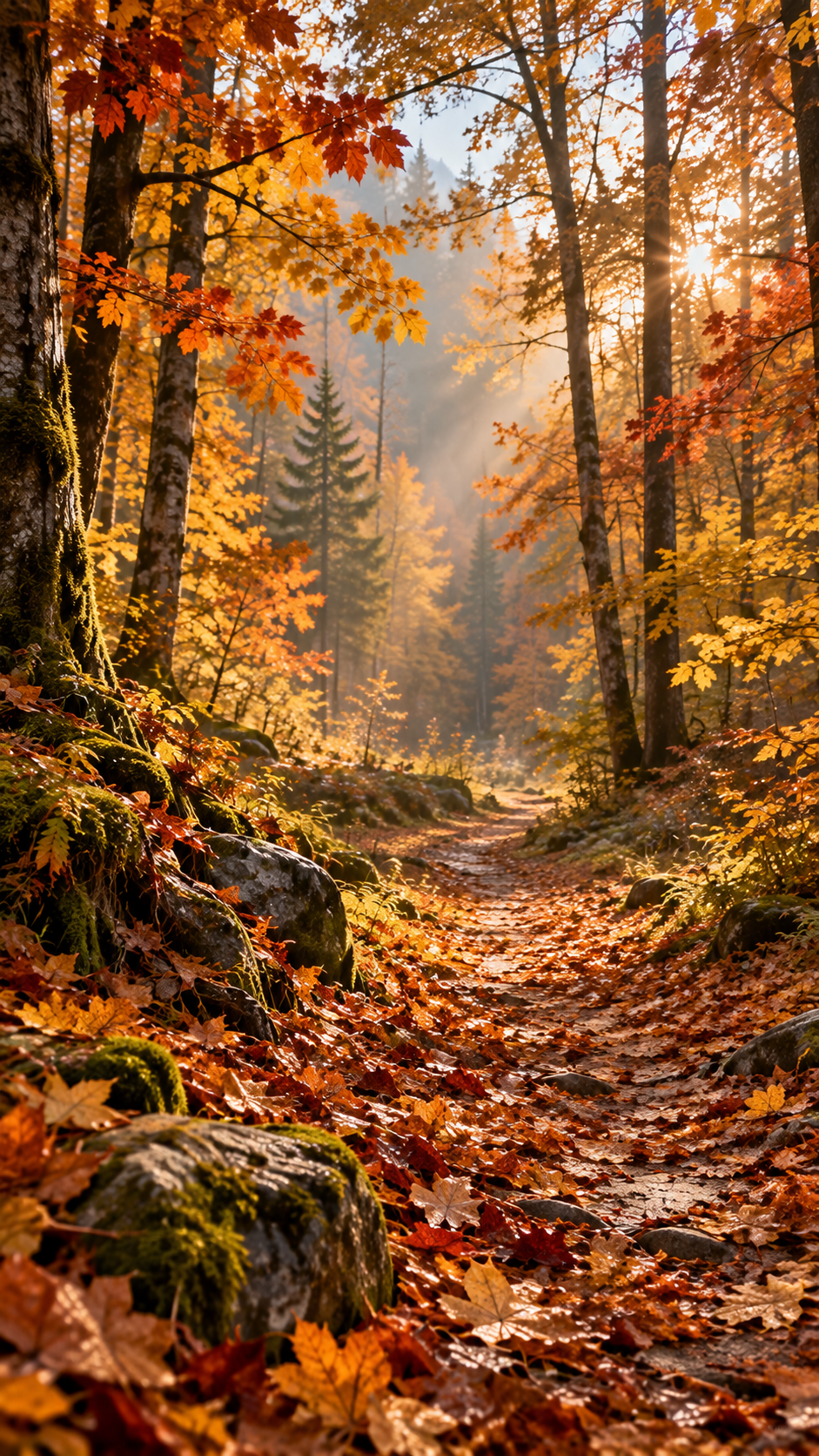 A sunlit forest trail covered with orange and red autumn leaves, surrounded by trees with golden foliage and soft sunlight streaming through.