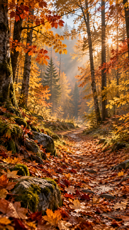 A sunlit forest trail covered with orange and red autumn leaves, surrounded by trees with golden foliage and soft sunlight streaming through.
