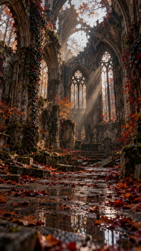 Interior of a ruined Gothic cathedral with autumn leaves covering the ground and sunlight streaming through stained glass windows