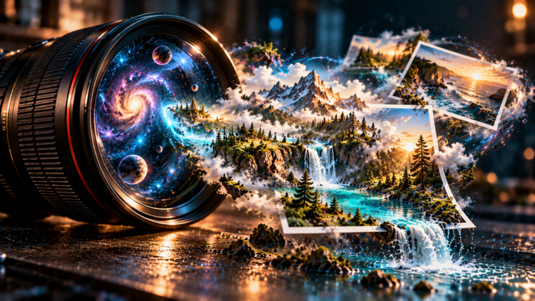 Camera lens revealing a magical scene with mountains, waterfalls, forest, and cosmic whirlpool in vivid colors