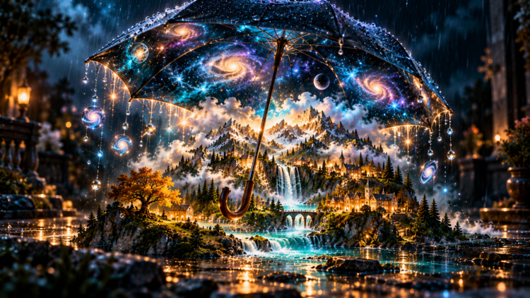 A magical umbrella adorned with swirling galaxies and stars shelters a luminous fantasy village and cascading waterfalls beneath a starry twilight sky.