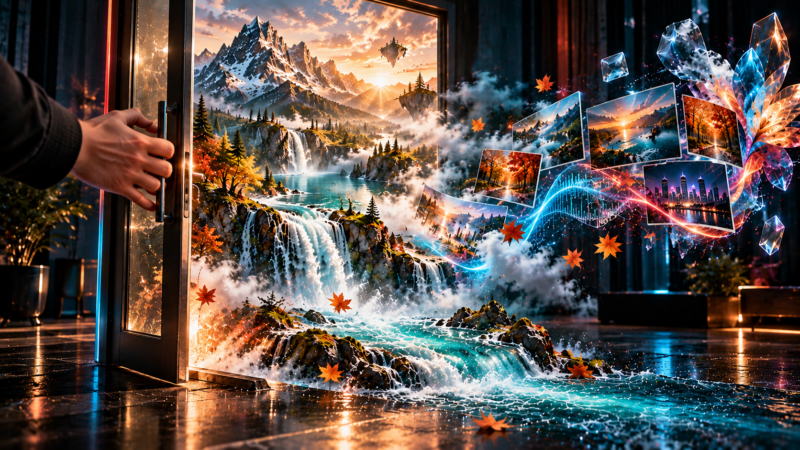 A fantastical scene showing a vibrant mountain landscape with waterfalls and autumn leaves flowing from an open door into a dark room.