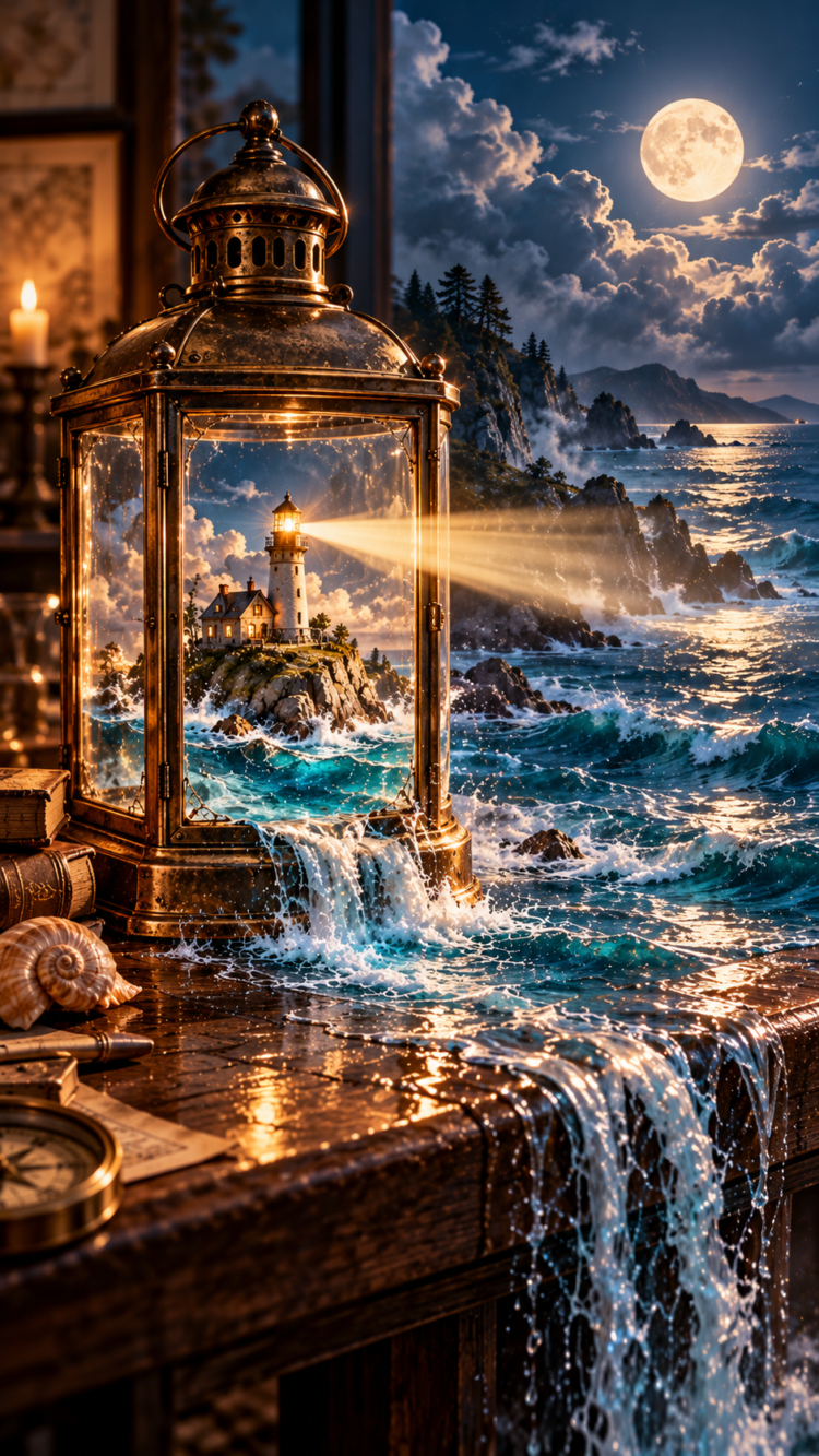 Antique lantern containing a vivid lighthouse scene with ocean waves flowing out onto wooden table under moonlight