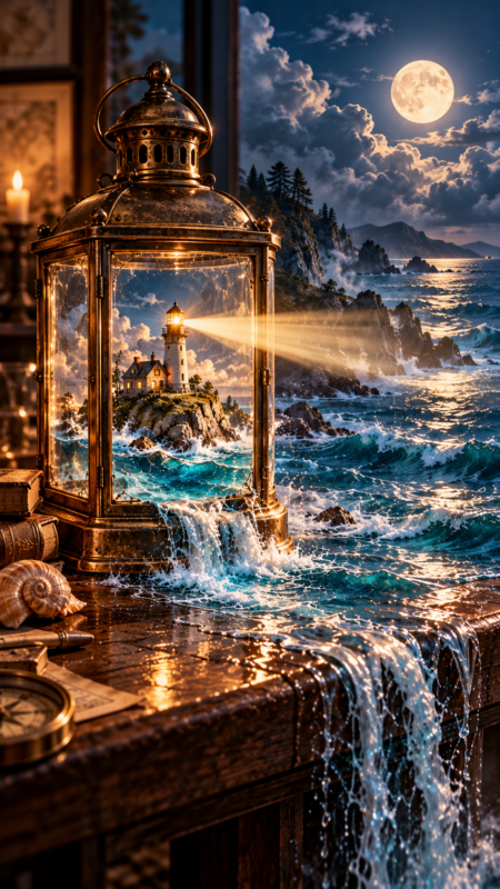 Antique lantern containing a vivid lighthouse scene with ocean waves flowing out onto wooden table under moonlight