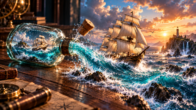 A majestic sailing ship emerges from a glass bottle as ocean waves pour out, with a lighthouse on rocky cliffs under a glowing sunset sky