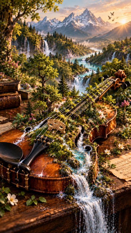 A violin transformed into a lush landscape with trees, flowing waterfalls, and moss, set against a mountain range at sunset with birds flying in the sky