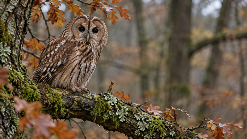 Close-up of a tawny owl sitting on a moss-covered tree branch surrounded by autumn leaves in a forest