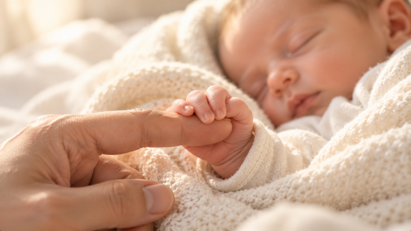 Sleeping baby gently clutching adult's finger wrapped in a soft cream knitted blanket