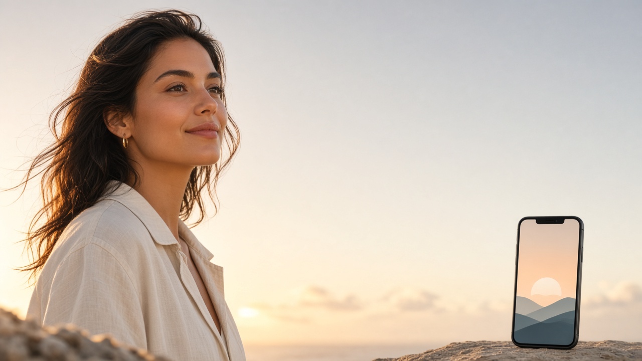 A serene young woman with flowing hair gazes toward a soft sunset sky beside a smartphone showing a minimalist sunset wallpaper