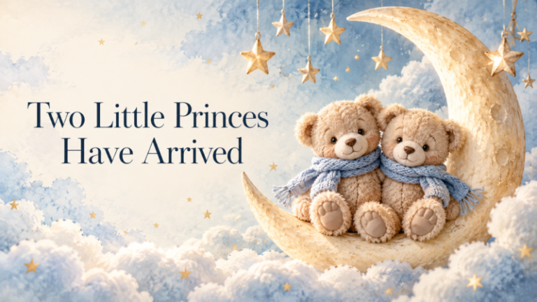 Two teddy bears with blue scarves sitting on a crescent moon surrounded by stars and clouds with a message announcing two little princes.