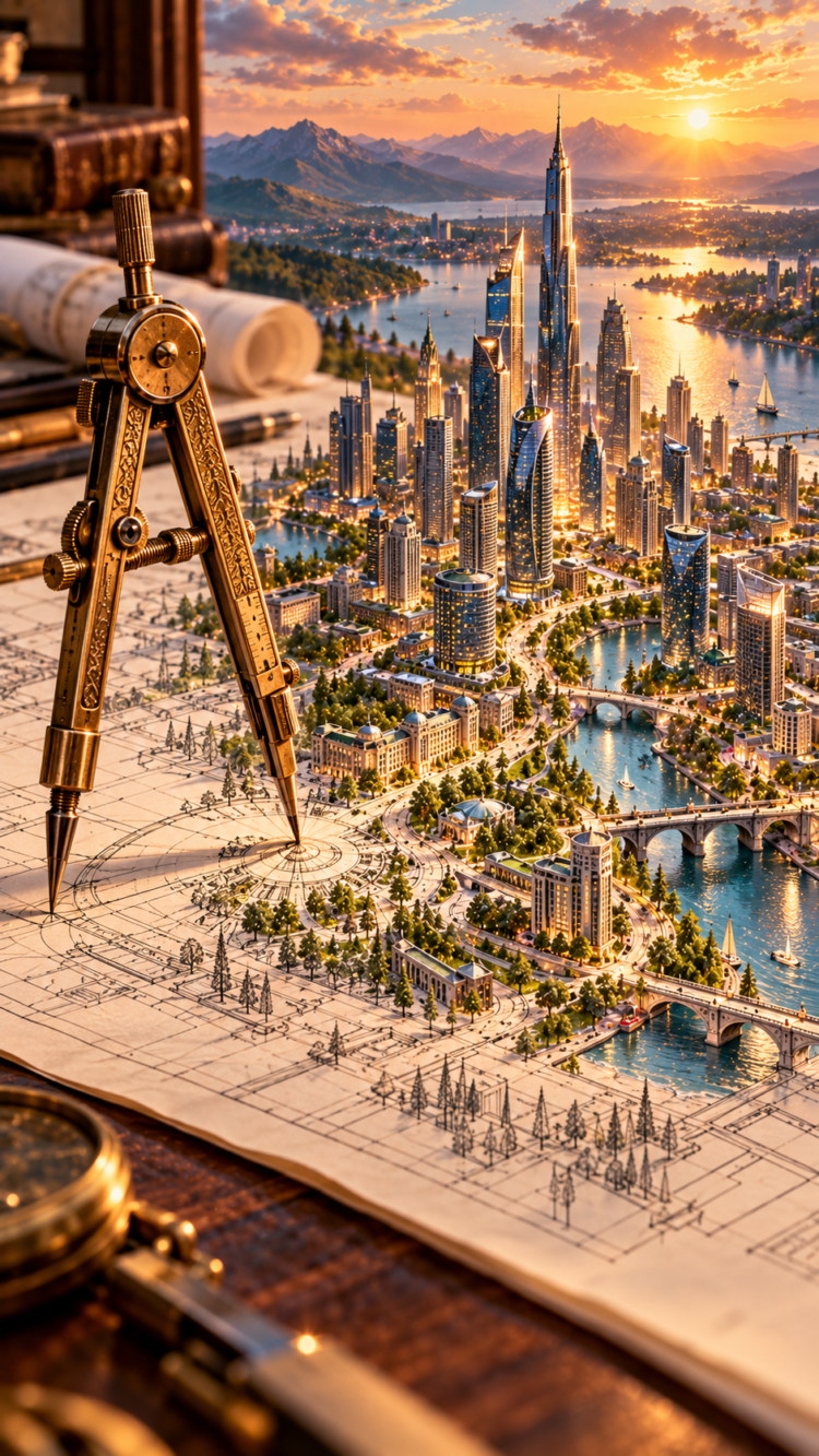 Close-up of a vintage golden compass on an architectural blueprint transforming into a detailed modern cityscape with skyscrapers by the water at sunset