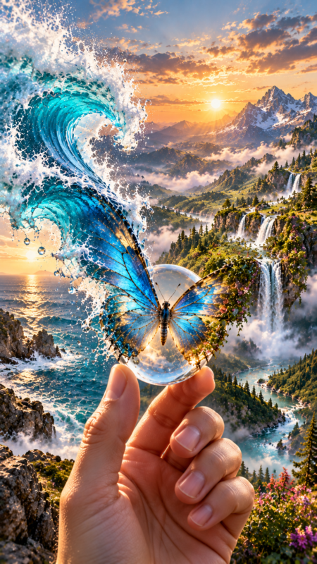 Hand holding a glass sphere with a blue butterfly inside set against a breathtaking landscape of mountains, waterfalls, ocean waves, and a dramatic sunset sky.