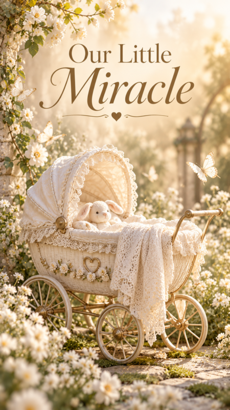 Antique white baby carriage decorated with lace and flowers nestled in a blooming garden with butterflies
