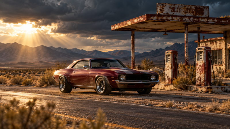 Classic maroon muscle car parked beside two rusty vintage gas pumps under an old shelter with mountains and dramatic sunset sky in background