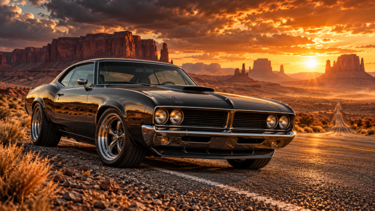 Black classic muscle car parked on a desert road with red rock formations under a vibrant sunset sky