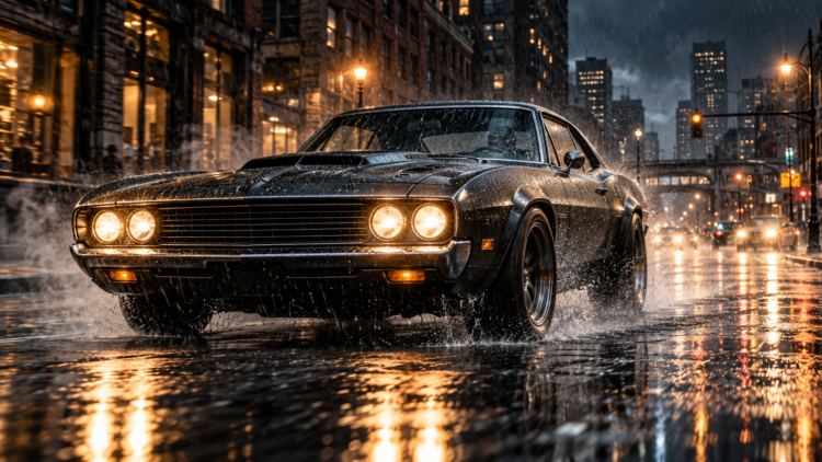 Black vintage muscle car driving fast on a wet city street at night with headlights on and rain splashing around