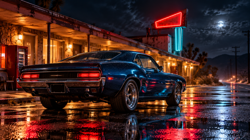 Vintage Muscle Car Parked Near Neon-Lit Motel at Night (Free AI Image)